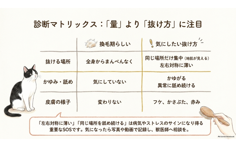 抜け毛が換毛期らしいものか気にしたいものかを、抜ける場所・かゆみや舐め・皮膚のようすで見分ける比較表
