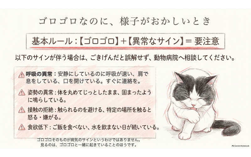 ゴロゴロしていても様子がおかしいときのチェックリスト。呼吸・姿勢・さわられるのを避ける・食欲低下の4項目と、ゴロゴロそのものは病気のサインではないという補足
