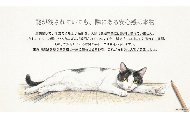床に寝そべってこちらを見る黒白の長毛猫と、謎が残っていても隣にある安心感は本物だという結びの言葉