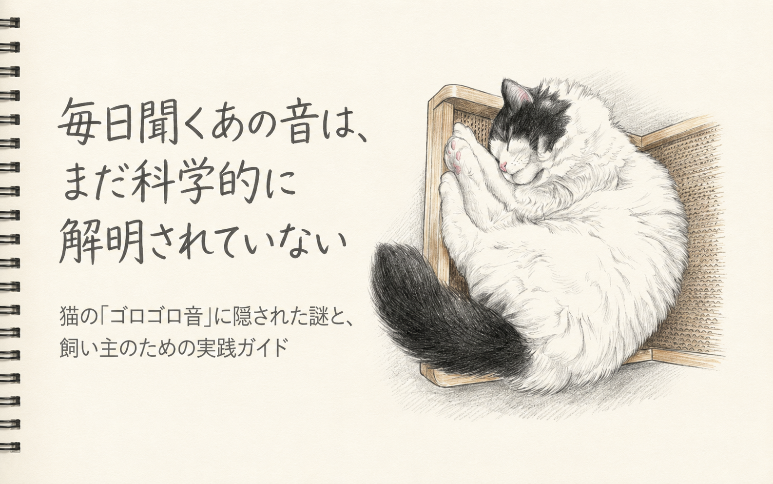 段ボールの爪とぎベッドで丸くなって眠る黒白の長毛猫と、記事タイトル「毎日聞くあの音は、まだ科学的に解明されていない」