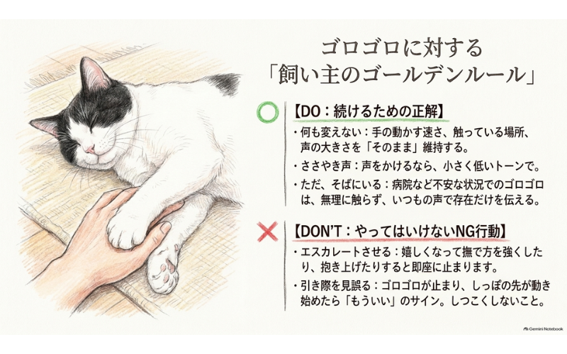 ゴロゴロしている猫への接し方。何も変えない・ささやき声で・そばにいるというDOと、なで方をエスカレートさせない・引き際を見誤らないというDON'Tをまとめた図解