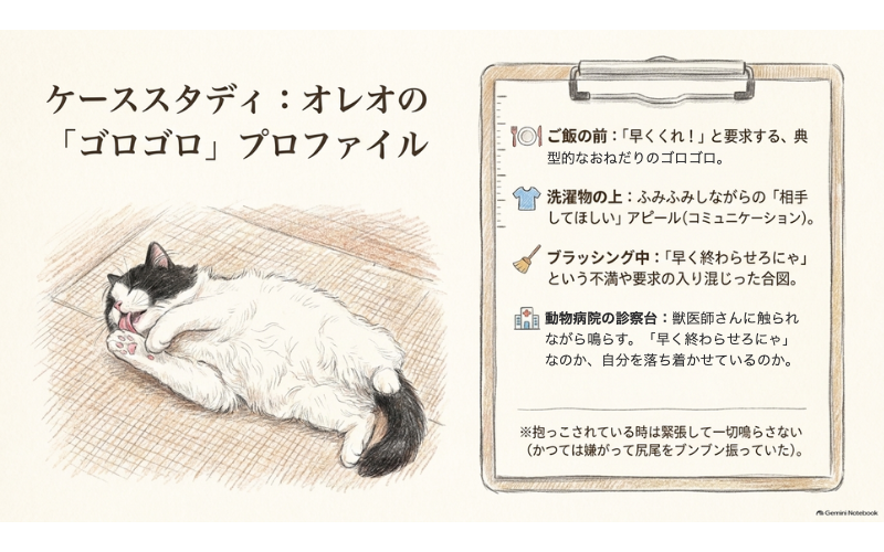 オレオがゴロゴロを鳴らす4つの場面(ご飯の前・洗濯物の上・ブラッシング中・動物病院の診察台)と、抱っこでは鳴らさないことをまとめたメモ