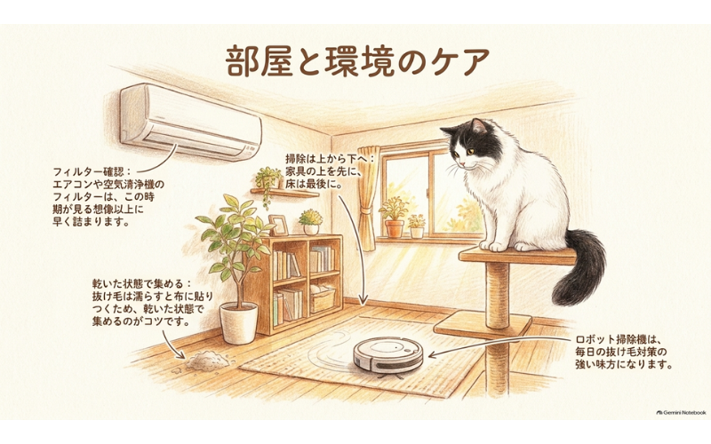 換毛期の部屋のケア。エアコンフィルターの確認、掃除は上から下へ、抜け毛は乾いた状態で集める