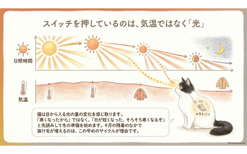 日照時間が短くなるとメラトニンの出かたが変わり毛周期のスイッチが入るしくみを、太陽の動きと気温の対比で示した図