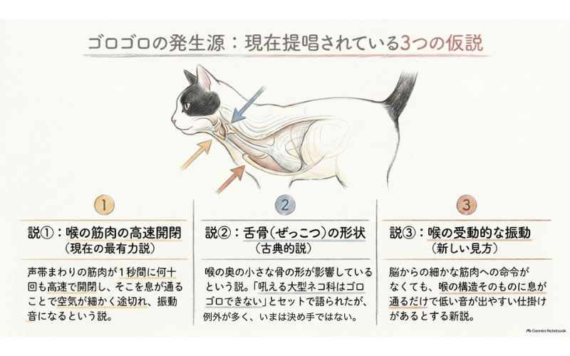 猫のゴロゴロの発生源として提唱されている3つの仮説(喉の筋肉の高速開閉・舌骨の形状・喉の受動的な振動)を、猫の喉の断面図とあわせて並べた図解