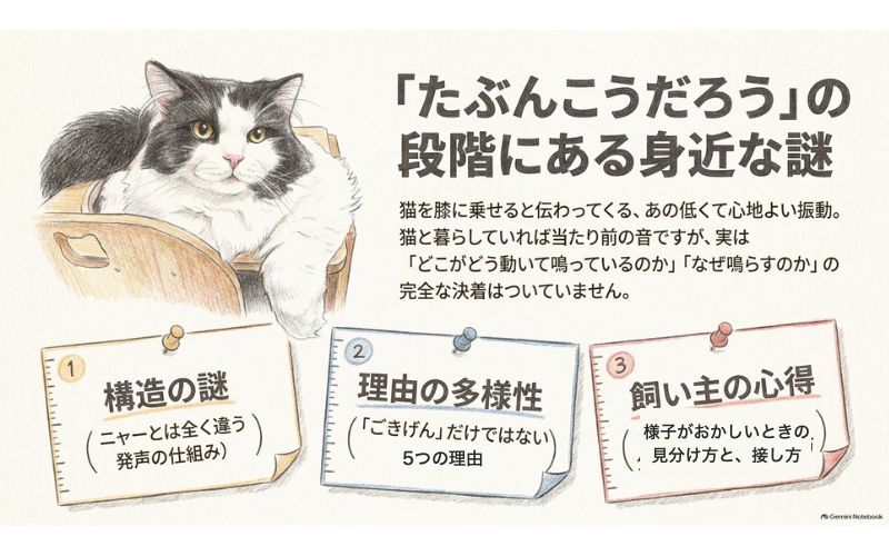 猫のゴロゴロがまだ「たぶんこうだろう」の段階にあることと、この記事で扱う3つの論点(発声の構造・5つの理由・様子がおかしいときの見分け方)を示した図解