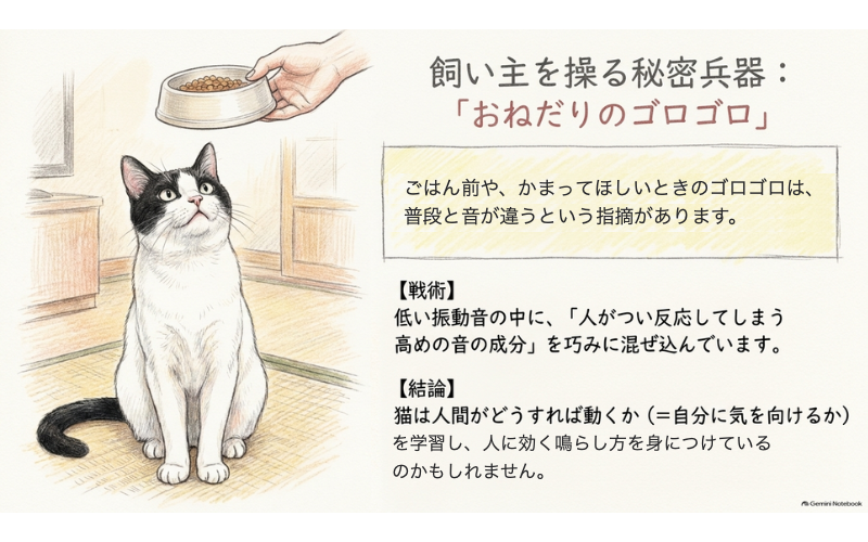ごはんを待つ猫と、おねだりのときのゴロゴロは普段と音が違うという指摘を説明した図解