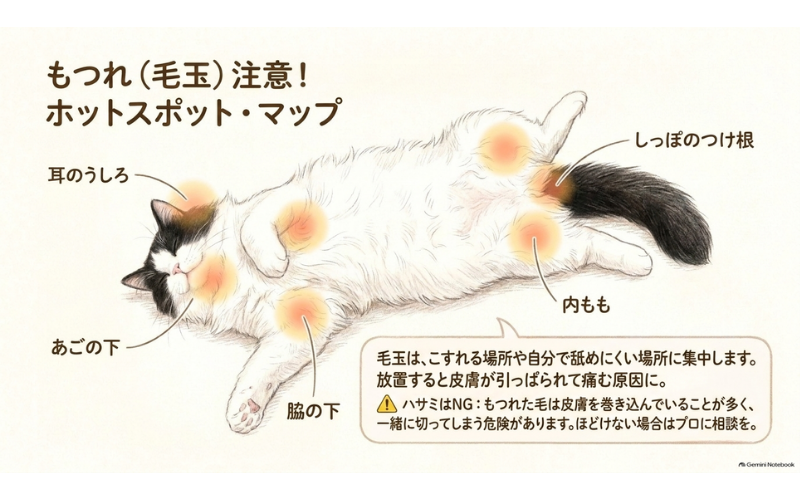 猫の体で毛玉ができやすい場所を示した図。耳のうしろ、あごの下、脇の下、内もも、しっぽのつけ根