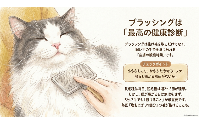 スリッカーブラシで猫をブラッシングしている場面と、ブラッシングが皮膚を観察する時間にもなることの説明