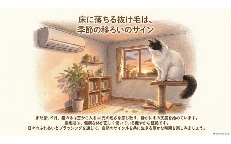 夕暮れの窓辺にすわる長毛の黒白猫と、床に落ちる抜け毛は季節の移ろいのサインというメッセージ