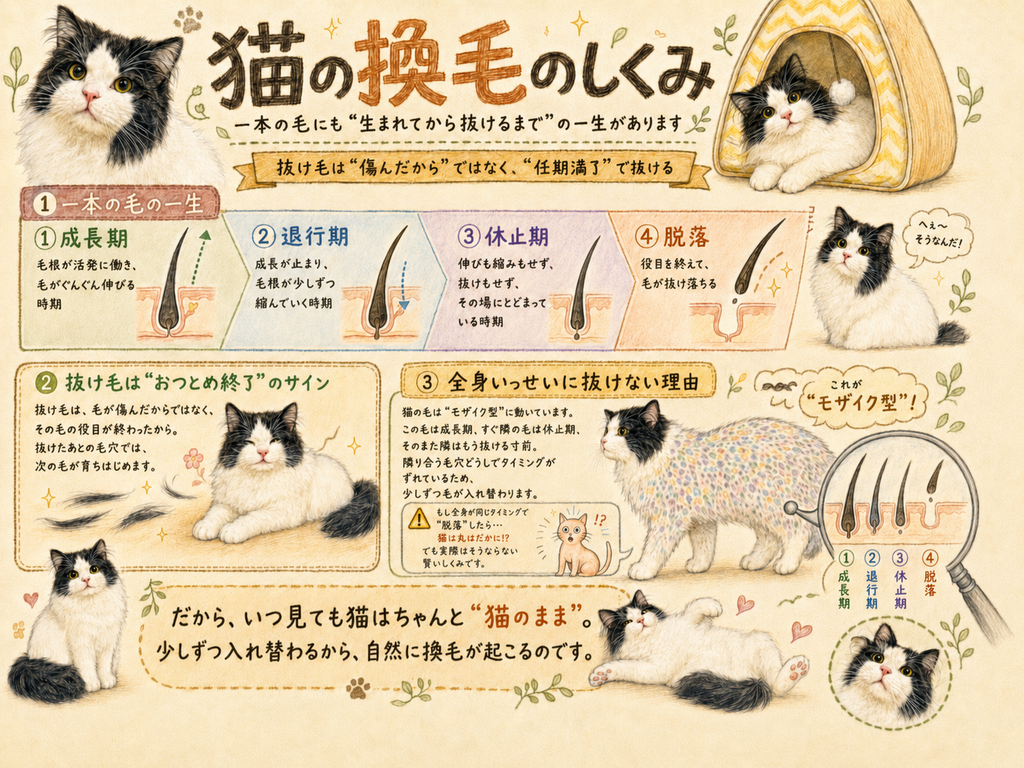 猫の毛周期4段階と、隣り合う毛穴ごとにタイミングがずれるモザイク型の生え替わりを示した図解