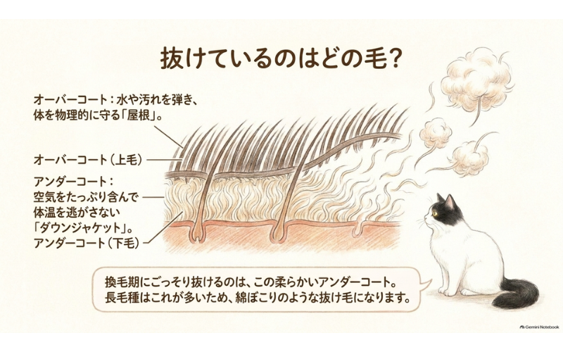 猫の被毛の断面図。外側のオーバーコートと内側のアンダーコートの違いと、換毛期に抜けるのは主に下毛であること