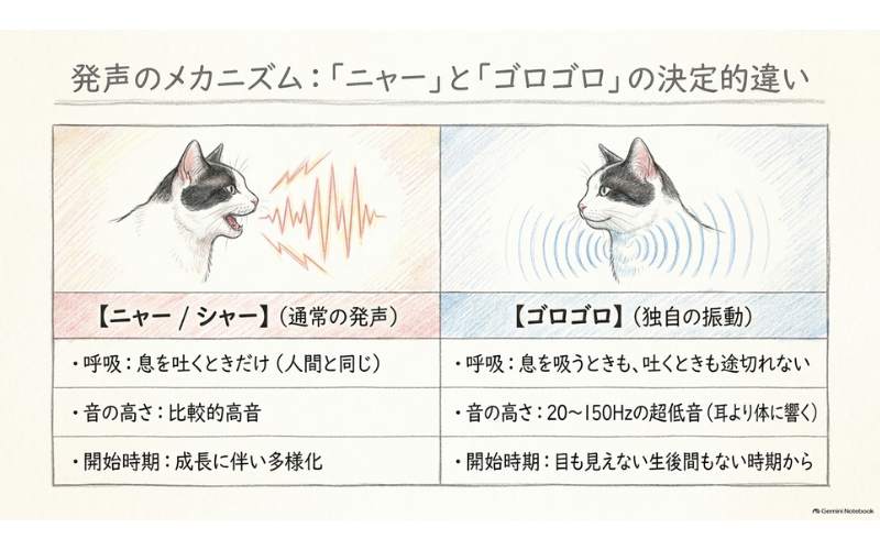 「ニャー」は息を吐くときだけ、「ゴロゴロ」は吸うときも吐くときも途切れないという発声のしくみの違いと、20〜150ヘルツという音の高さを比べた表