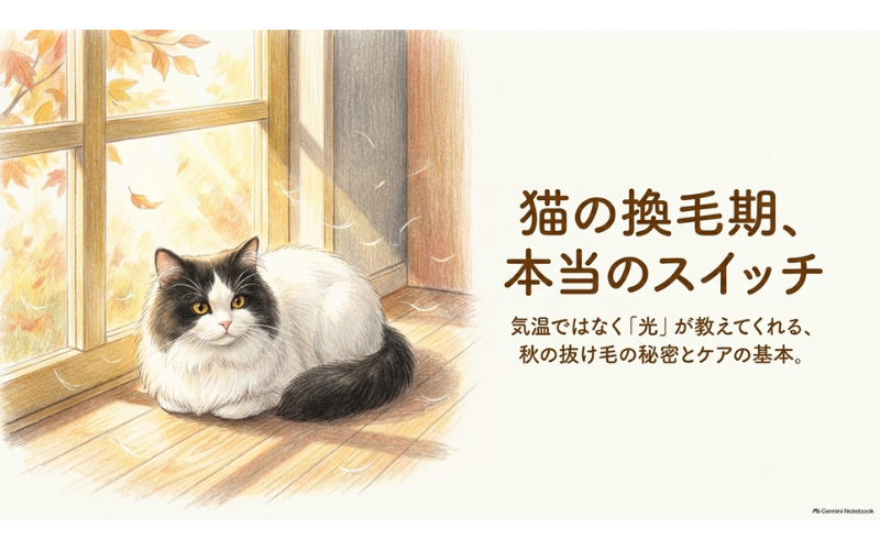 窓辺で秋の光を浴びる長毛の黒白猫と、記事タイトル「猫の換毛期、本当のスイッチ」
