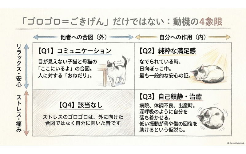 猫がゴロゴロを鳴らす動機を「他者への合図か、自分への作用か」「リラックスか、ストレスか」の2軸で四つに分けた図解