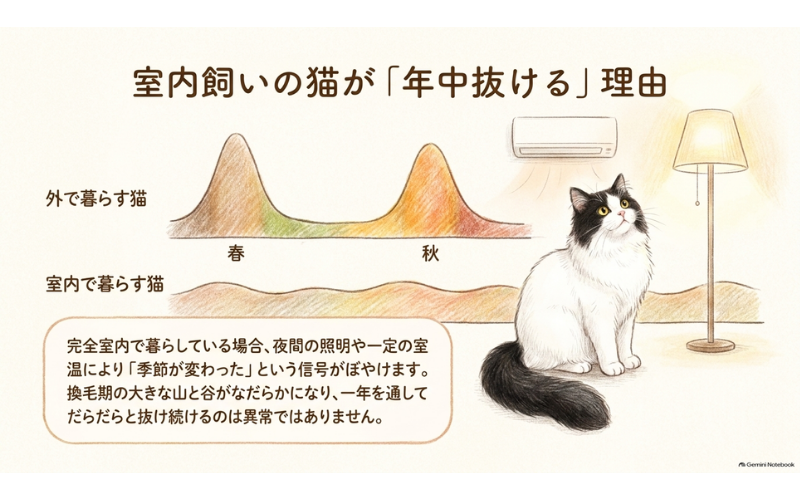 外で暮らす猫は春と秋に抜け毛の山ができ、室内で暮らす猫はなだらかに一年中抜け続けることを比べたグラフ