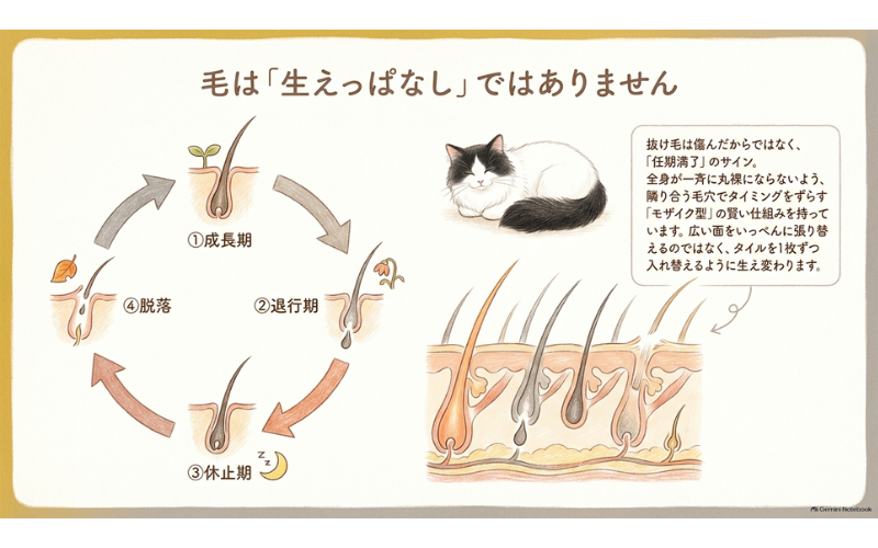 猫の毛周期が成長期・退行期・休止期・脱落と円環でめぐるようすと、隣り合う毛穴がそれぞれ別の段階にある皮膚の断面図