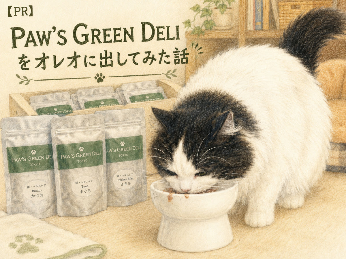 PAW'S GREEN DELI のパウチが並ぶ前で、白黒の長毛猫オレオが脚つきの器からごはんを食べているイラスト