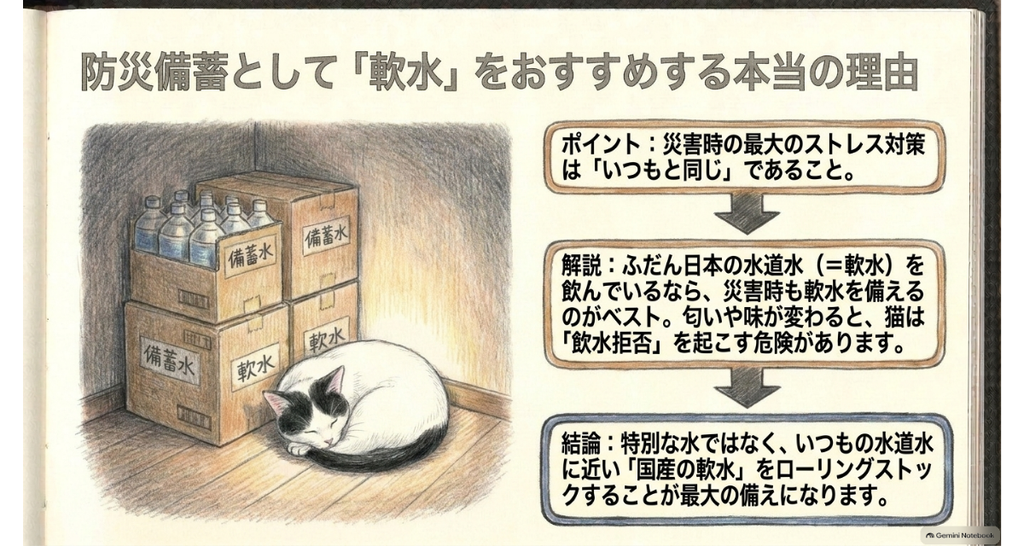 防災の備えに軟水をすすめる理由。いつも飲んでいる水道水に近い、国産の軟水をローリングストックする。水の箱の横で眠る猫