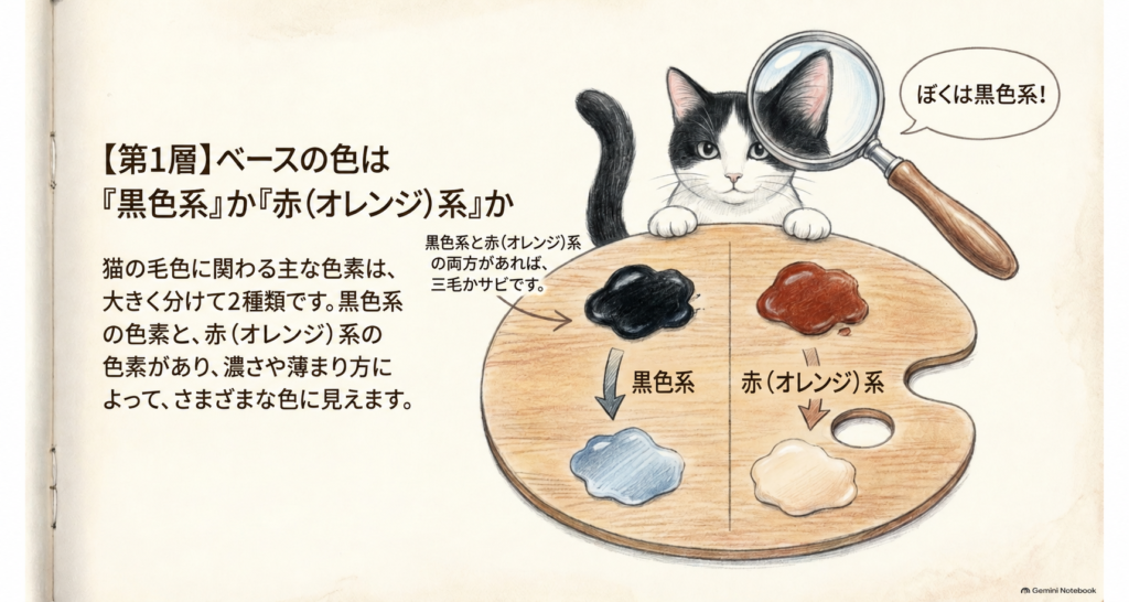 猫の毛色を黒色系と赤(オレンジ)系に分ける第1層の解説