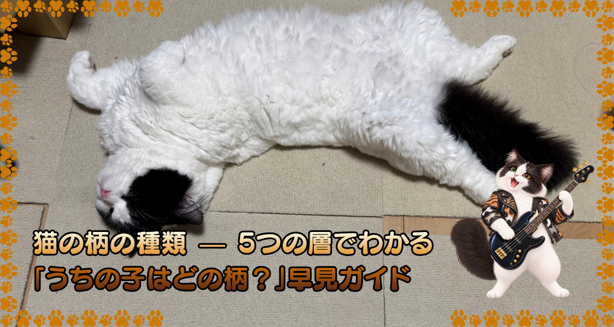 猫の柄の種類 — 5つの層でわかる「うちの子はどの柄？」早見ガイド。床であおむけに寝るオレオの写真に、ベースを弾く猫のイラストとタイトルを重ねたアイキャッチ
