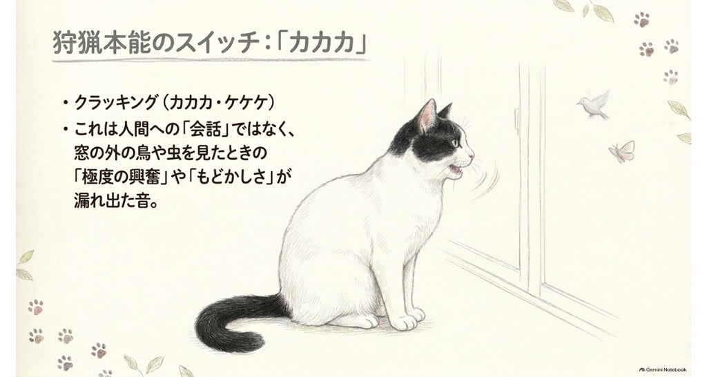 図解:狩猟本能のスイッチ「カカカ」。窓の外の鳥や虫を見て口を動かす猫と、クラッキングの説明