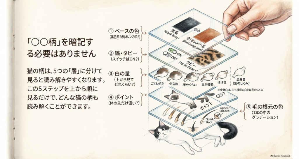 猫の柄を5つの層に分けて見る全体図。①ベースの色(黒色系か赤(オレンジ)系か)②縞(タビー)③白の量④ポイント(体の先だけ濃い)⑤毛の根元の色