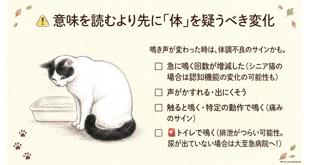 図解:意味を読むより先に体を疑うべき変化。鳴く回数の増減、声のかすれ、さわると鳴く、トイレで鳴くの4つのチェックリスト