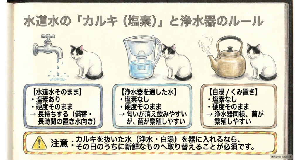 水道水・浄水器の水・白湯やくみ置きの比べ。カルキを抜いた水は菌が増えやすいので、その日のうちに取り替える