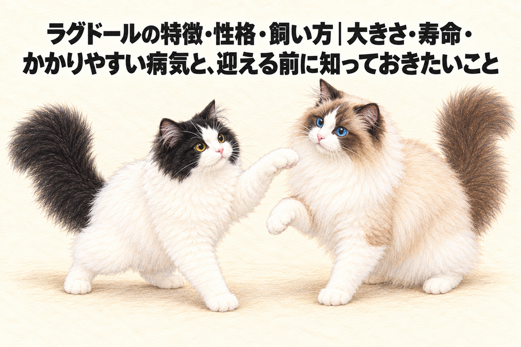 タイトルのイラスト:ラグドールの特徴・性格・飼い方|大きさ・寿命・かかりやすい病気と、迎える前に知っておきたいこと。前足を上げてじゃれ合う、頭としっぽが黒い長毛の白猫オレオと、青い目のバイカラーのラグドール