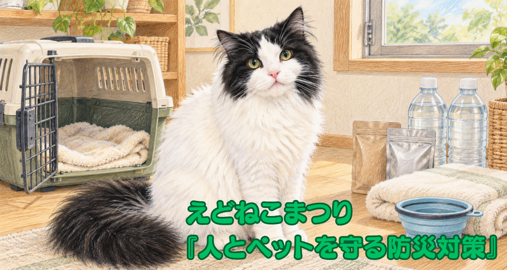 えどねこまつりの講演「人とペットを守る防災対策」。キャリーケースと備蓄の水やフードのそばに座る黒白の長毛猫