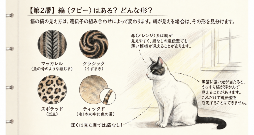 猫の縞模様4種類と縞の見え方を説明する第2層の解説