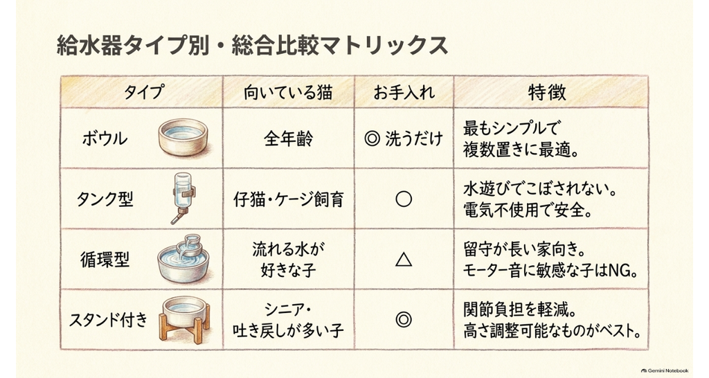 給水器タイプ別の比較表。ボウル・タンク型・循環型・スタンド付きの、向いている猫とお手入れのしやすさ