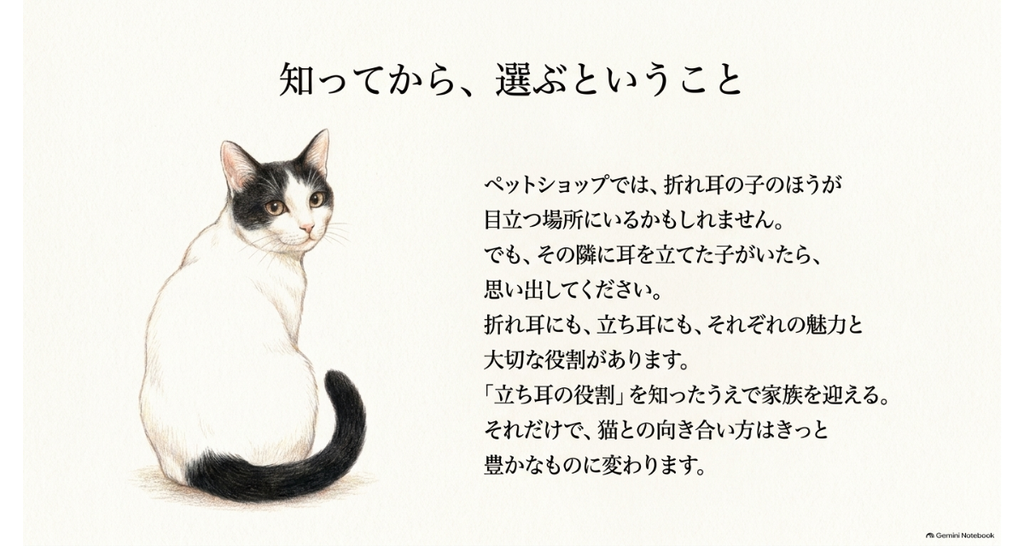 図解：知ってから選ぶということ。折れ耳にも立ち耳にもそれぞれの魅力と役割があり、立ち耳の役割を知ったうえで家族を迎えるというメッセージ