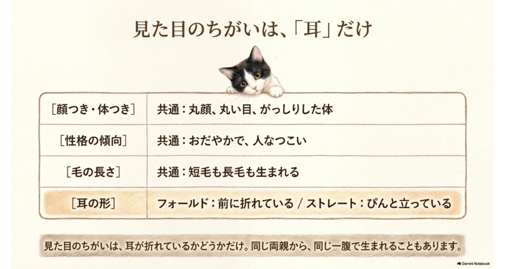 図解：見た目のちがいは耳だけ。顔つき・体つき、性格の傾向、毛の長さは共通で、耳の形だけがちがうことをまとめた比較表