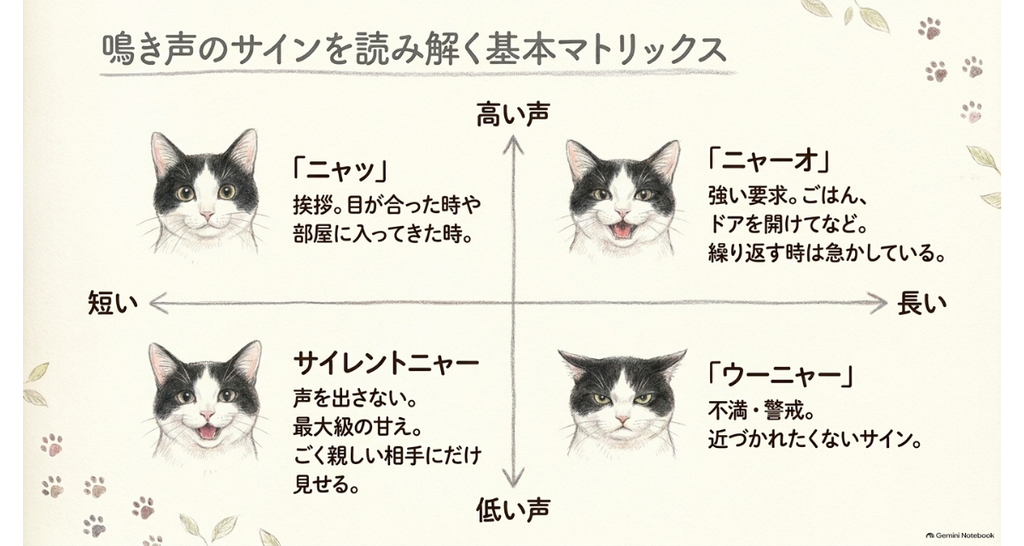 図解:鳴き声のサインを読み解く基本マトリックス。高い声・低い声と短い・長いの4象限に、ニャッ(あいさつ)、ニャーオ(要求)、サイレントニャー(甘え)、ウーニャー(不満・警戒)を配置
