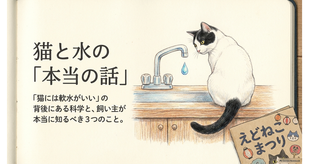 猫と水の「本当の話」の扉絵。蛇口のそばに座る黒白の猫と、えどねこまつりのポスター