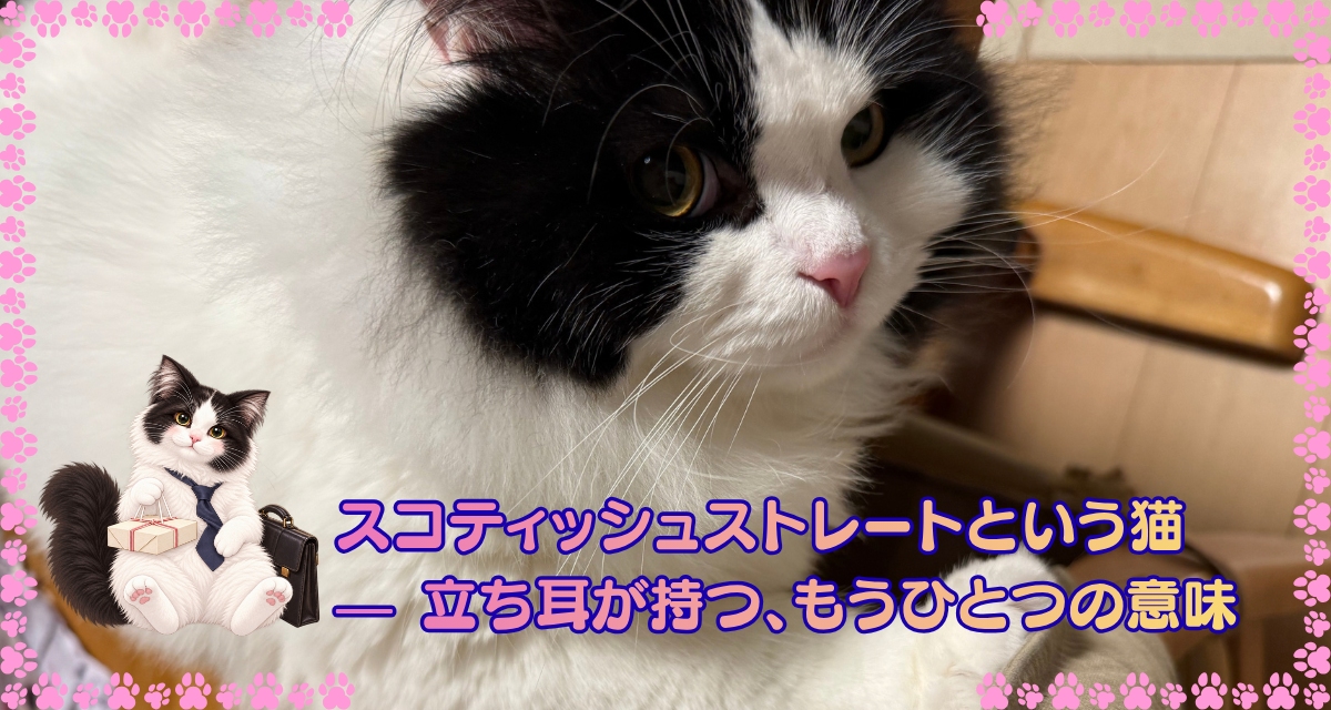 スコティッシュストレートという猫 — 立ち耳が持つ、もうひとつの意味。オレオの顔の写真に、ネクタイ姿のオレオのイラストとタイトルを重ねたアイキャッチ
