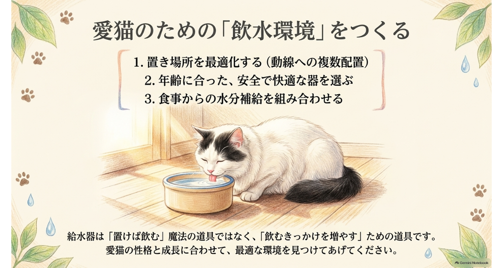 愛猫の飲水環境をつくる3つの手順。置き場所を最適化する・年齢に合った器を選ぶ・食事からの水分補給を組み合わせる