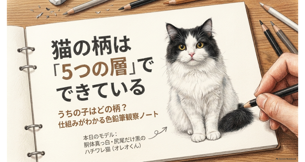 猫の柄は「5つの層」でできている——うちの子はどの柄? 仕組みがわかる色鉛筆観察ノート。モデルは、頭としっぽが黒く体が白い長毛のオレオ