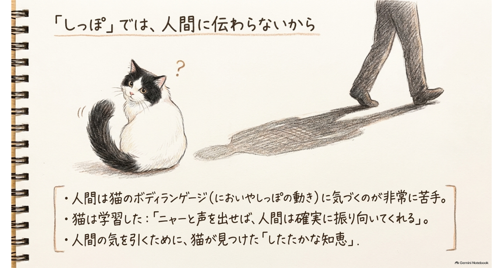 図解:しっぽでは人間に伝わらない。人の足元でしっぽを立てても気づかれない猫と、声を使うようになった理由