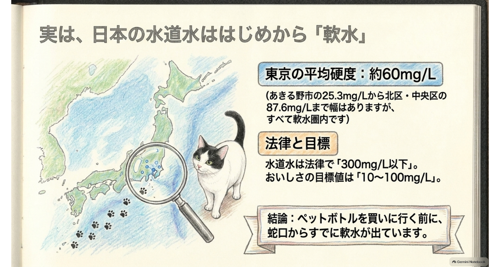 日本の水道水は、はじめから軟水。東京の平均硬度は約60mg/L(25.3〜87.6mg/L)、法律では300mg/L以下、おいしさの目標は10〜100mg/L