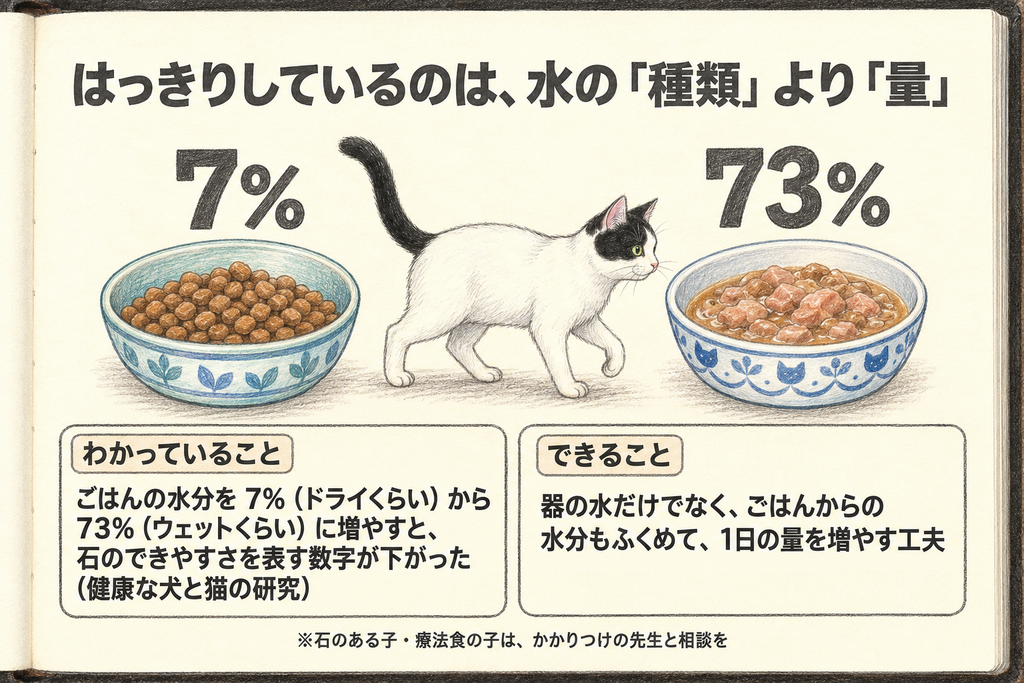 ドライ(7%)とウェット(73%)の器のあいだを歩く猫。ごはんの水分を増やすと、石のできやすさを表す数字が下がった。器の水とごはんの水分をあわせた1日の量を増やす