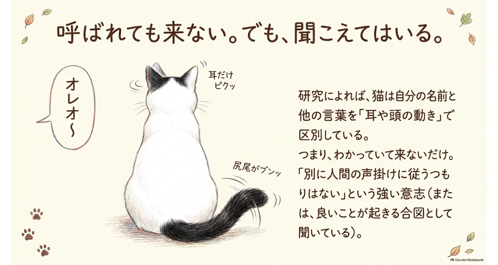図解:呼ばれても来ない、でも聞こえてはいる。名前を呼ばれて耳だけ動かし、しっぽを振る猫のイラスト
