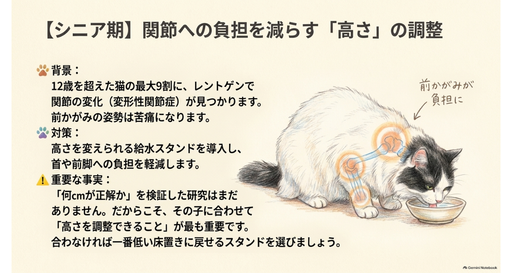 シニア期は高さの調整という図。前かがみで飲む猫と、首や前脚にかかる負担、高さを変えられるスタンドの対策