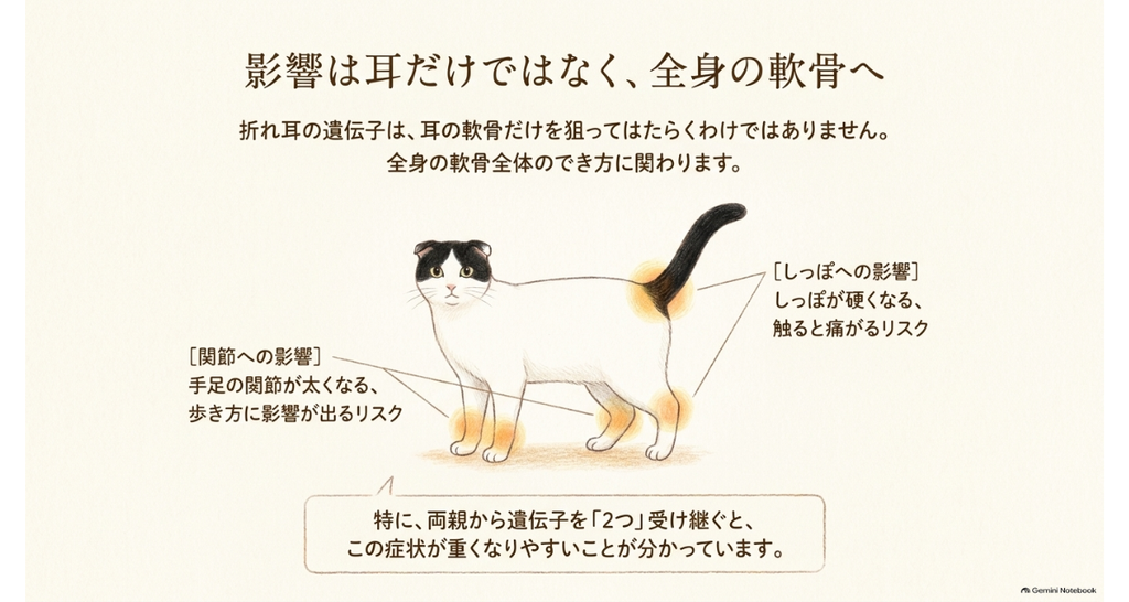 図解：折れ耳の遺伝子は耳だけでなく全身の軟骨に関わる。手足の関節やしっぽに影響が出るリスクと、遺伝子を2つ受け継ぐと症状が重くなりやすいことの説明