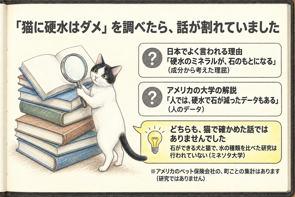 「猫に硬水はダメ」を調べたら話が割れていた図。日本でよく言われる理由と、アメリカの大学の解説の両方に「?」。どちらも猫で確かめた話ではなかった
