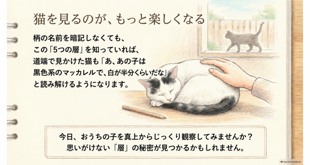 猫を見るのが、もっと楽しくなる。5つの層を知っていれば、道端の猫も「黒色系のマッカレルで、白が半分くらい」と読み解ける。なでられて眠る白黒の猫のイラスト