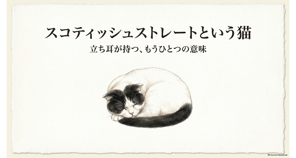 記事タイトル図解：スコティッシュストレートという猫 — 立ち耳が持つ、もうひとつの意味。丸くなって眠る、頭としっぽが黒い白猫のイラスト