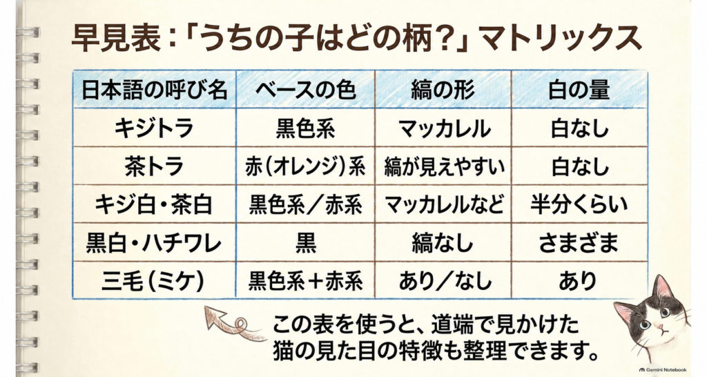 猫の柄を5つの層で整理した早見表